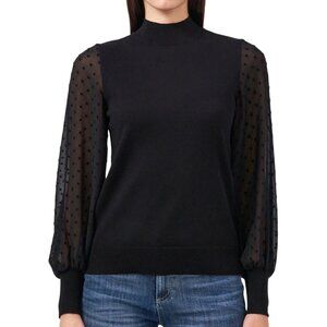 VINCE CAMUTO CeCe Clip Dot Mock Neck Black Sweater Knit Blouse SZ L
